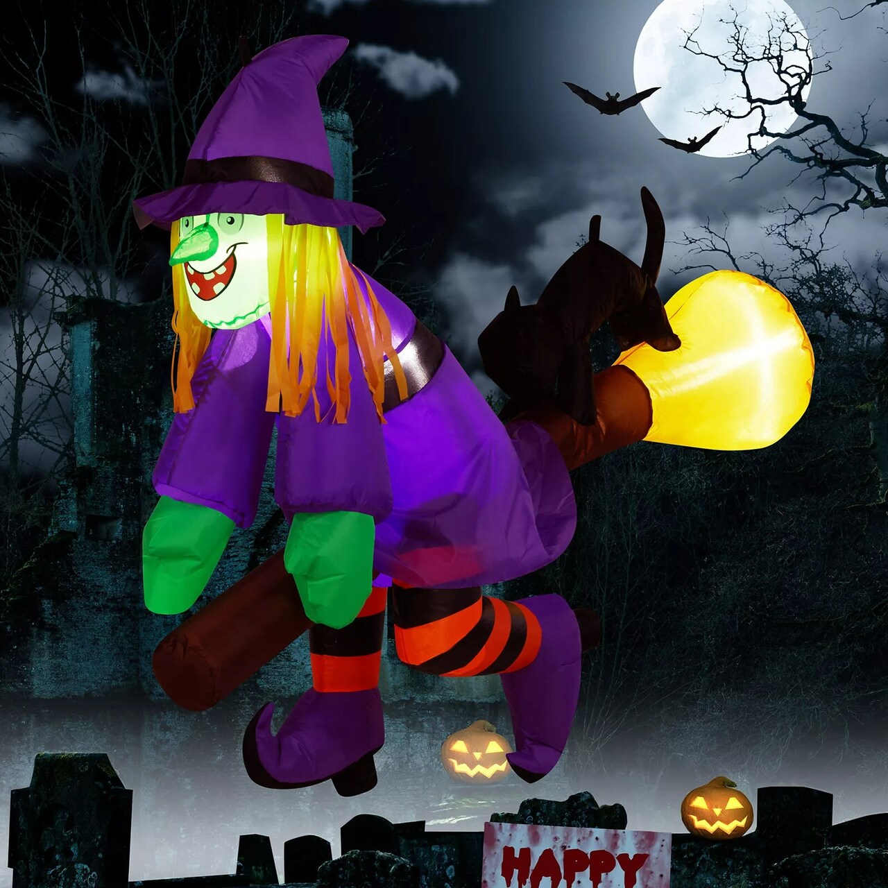 3.9FT Halloween Inflatable Witch Riding Broom Outdoor Decorations Blow up Decor